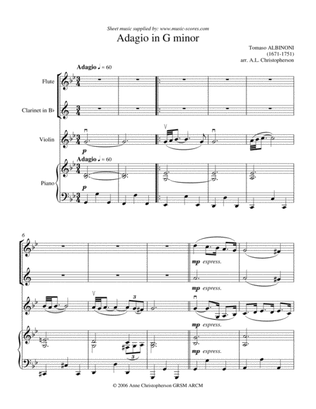 Book cover for Albinoni Adagio - Flute, Clarinet, Violin and Piano