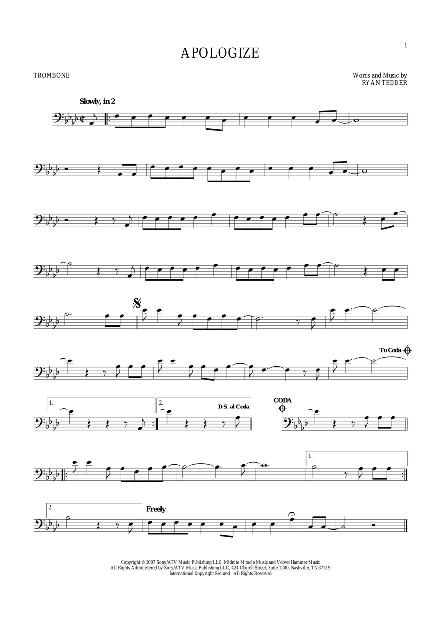 Apologize Trombone Solo scores gallery preview page 1