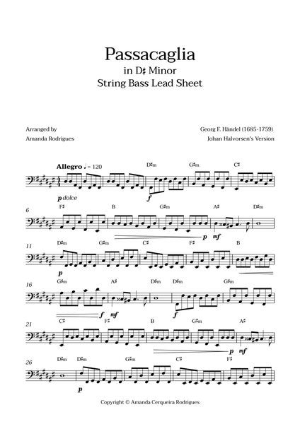 Passacaglia - Easy String Bass Lead Sheet in D#m Minor (Johan Halvorsen's Version) image number null