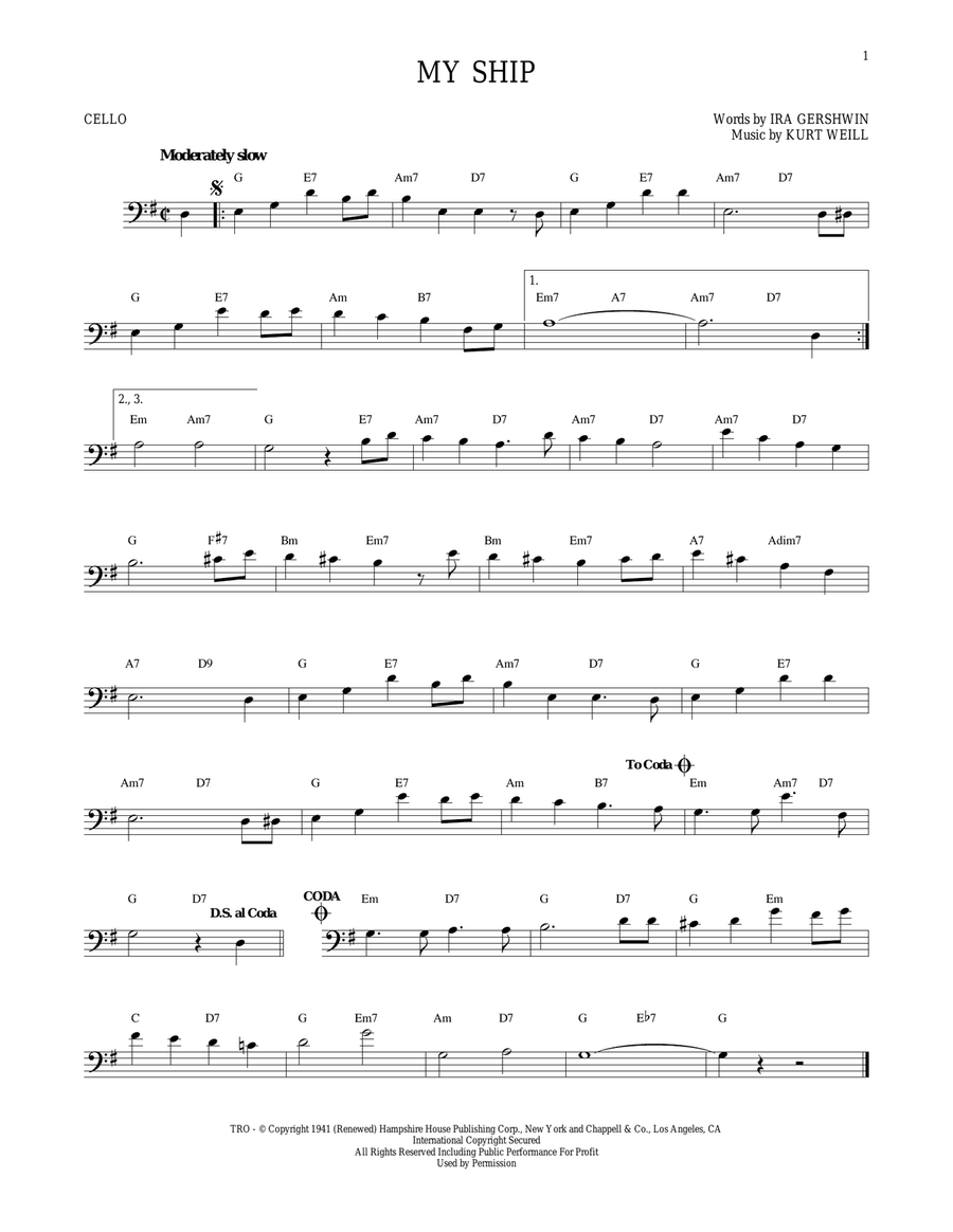 My Ship Cello Solo scores gallery preview page 1