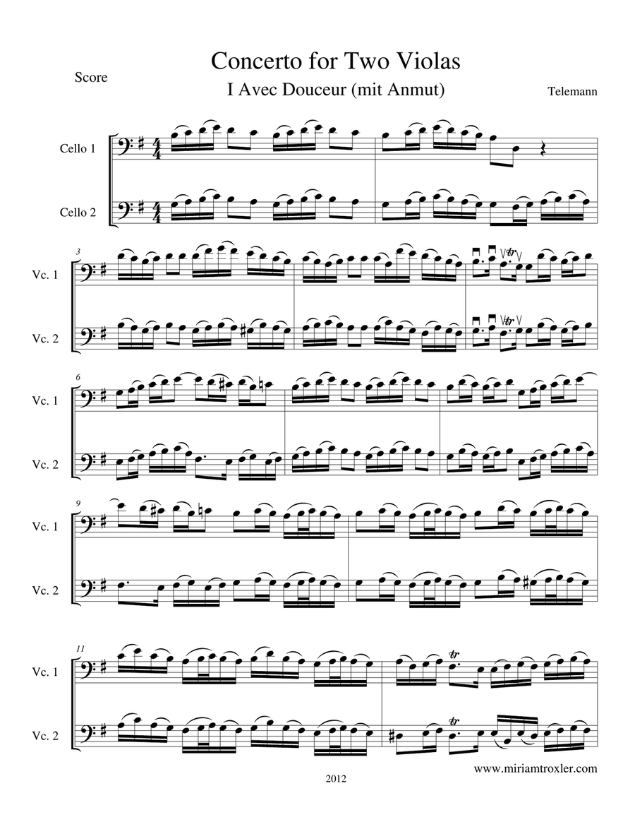 Concerto for Two Violas in G Major, transcription for cellos String Duet scores gallery preview page 1
