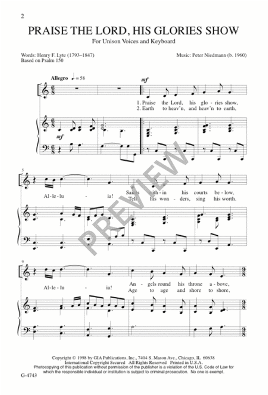 Praise the Lord, His Glories Show Unison Choir scores gallery preview page 2
