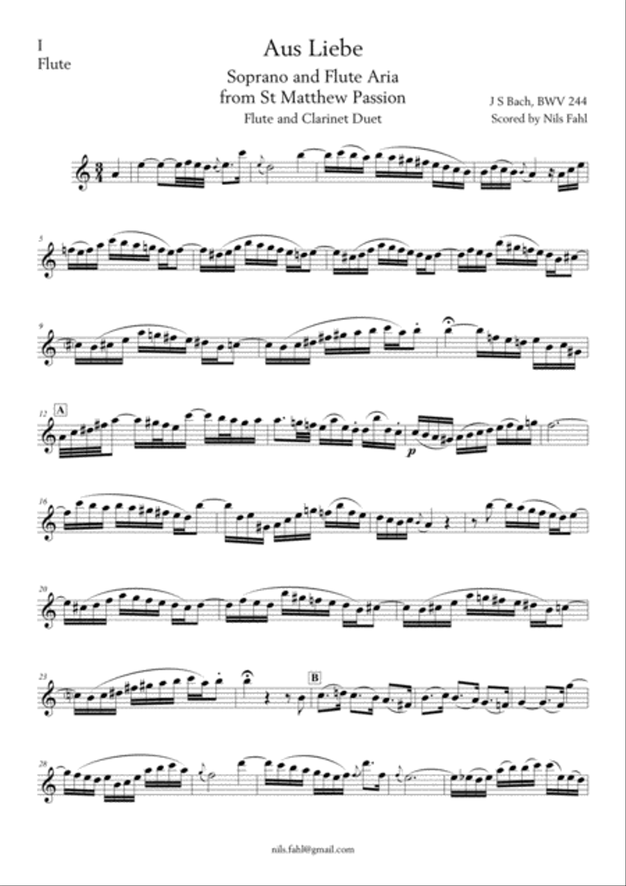J S Bach Aus Liebe from St Matthew Passion, BWV 244. Flute and Clarinet Duet Woodwind Duet scores gallery preview page 4
