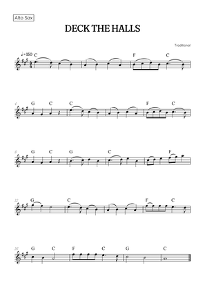 Deck the Halls for alto sax • easy Christmas song sheet music with chords