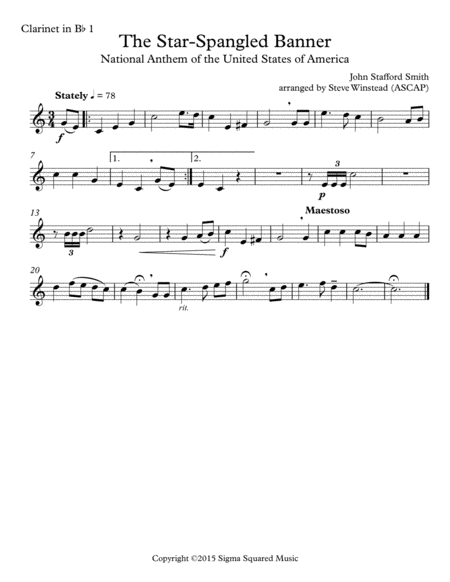 The Star-Spangled Banner for Clarinet Quartet or Choir image number null