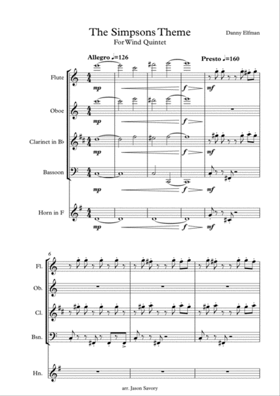 Theme From The Simpsons Woodwind Quintet scores gallery preview page 1