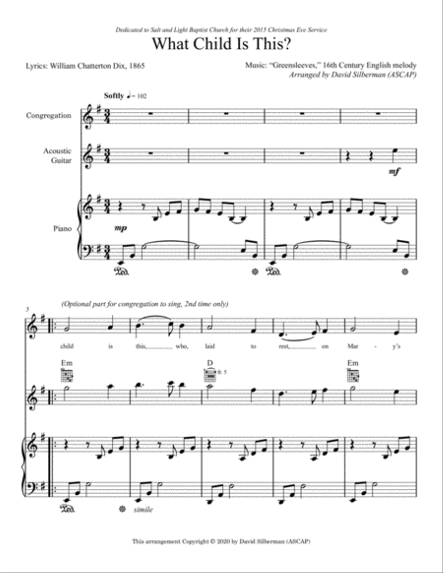 What Child Is This? (for Piano and Guitar w/chord frames) Choir scores gallery preview page 1