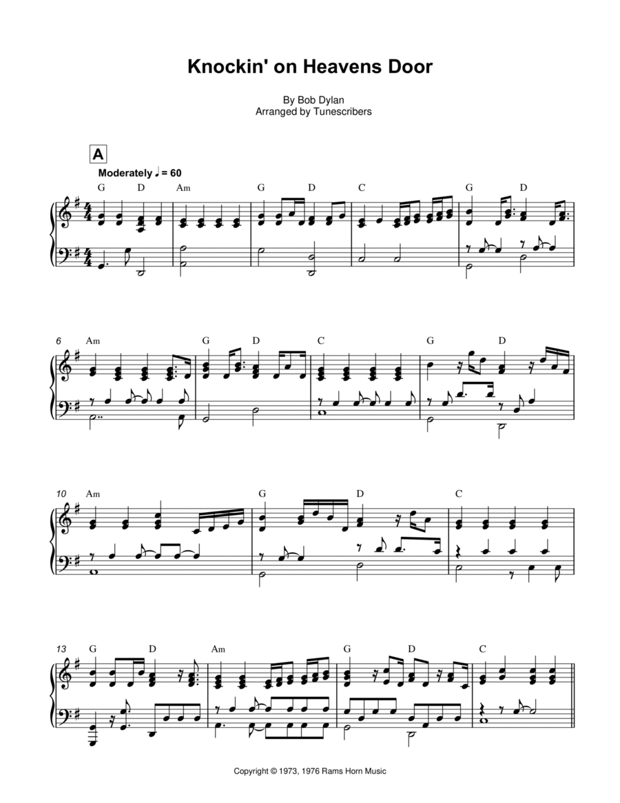 Knockin' on Heavens Door Piano Solo scores gallery preview page 1