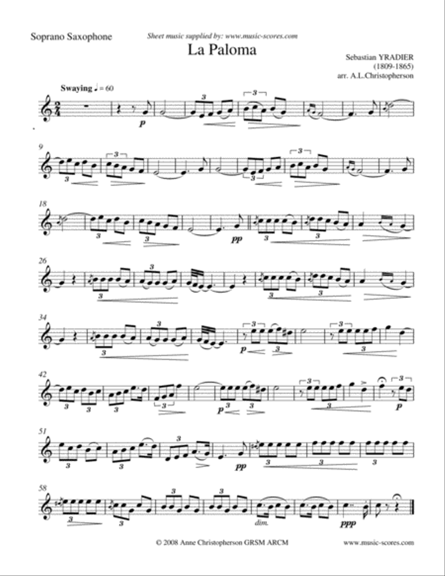 La Paloma - Soprano and Alto Sax (or 2 Altos), Tenor Tax and Baritone Sax Woodwind Quartet scores gallery preview page 4