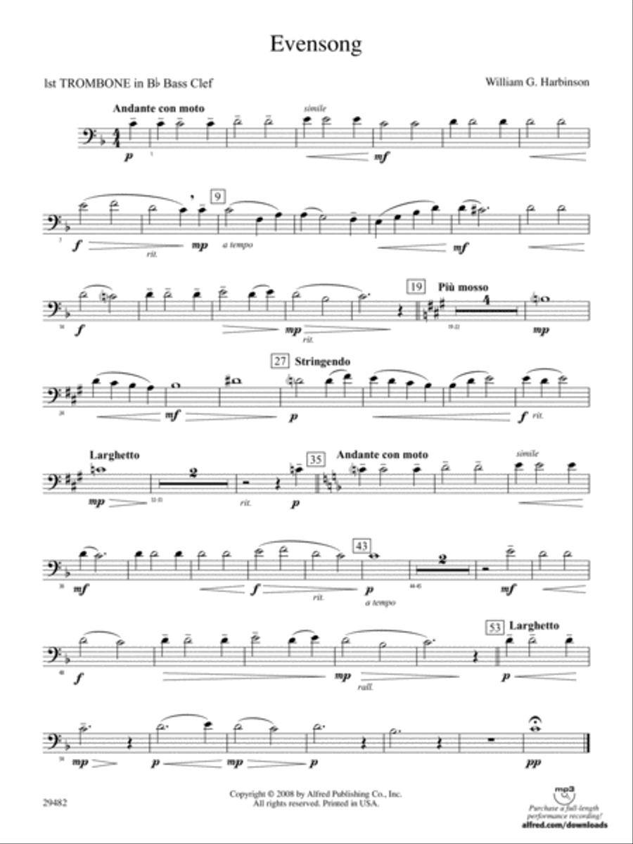 Evensong: (World Part) 1st B-flat Trombone B.C. Concert Band scores gallery preview page 1