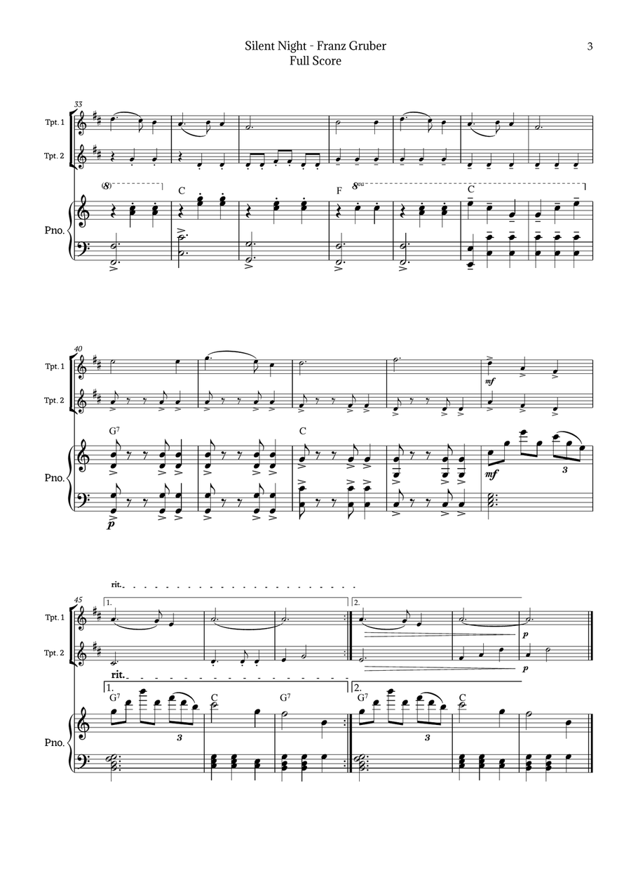 Silent Night for Trumpet Duet and Piano Trumpet Duet scores gallery preview page 3