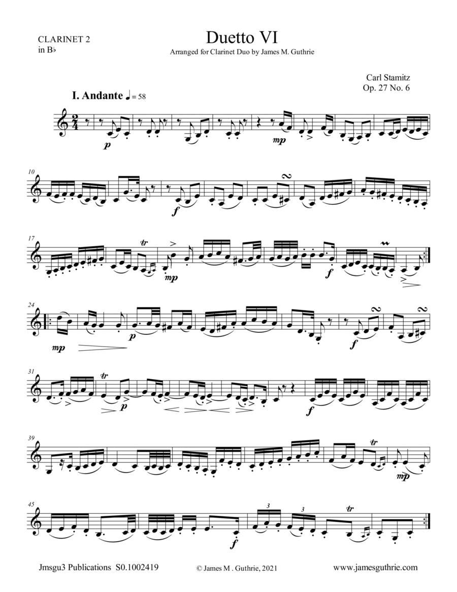 Stamitz: Duet Op. 27 No. 6 for Clarinet Duo Clarinet Duet scores gallery preview page 1