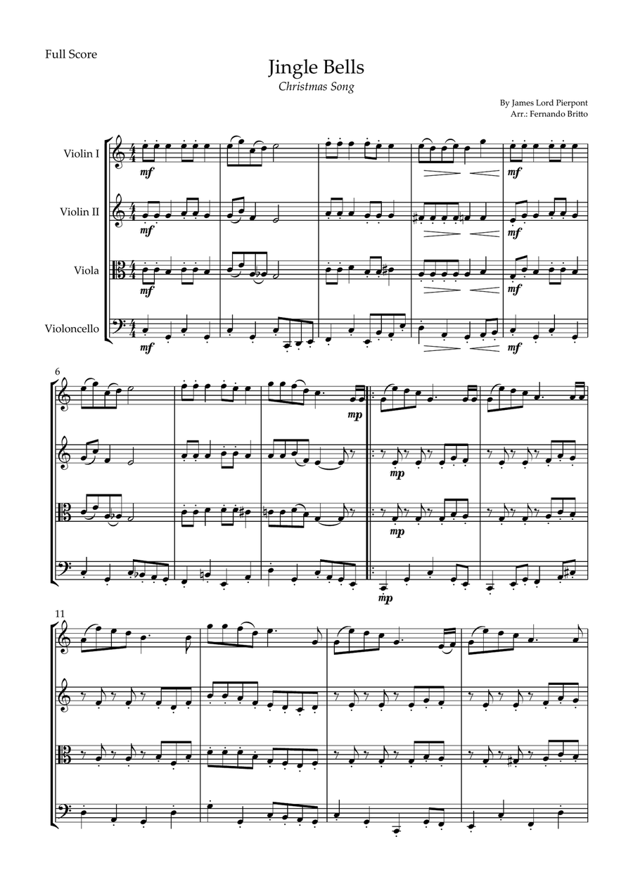 Jingle Bells (Christmas Song) for String Quartet Jingle Bells (Christmas Song) for String Quartet String Quartet scores gallery preview page 1