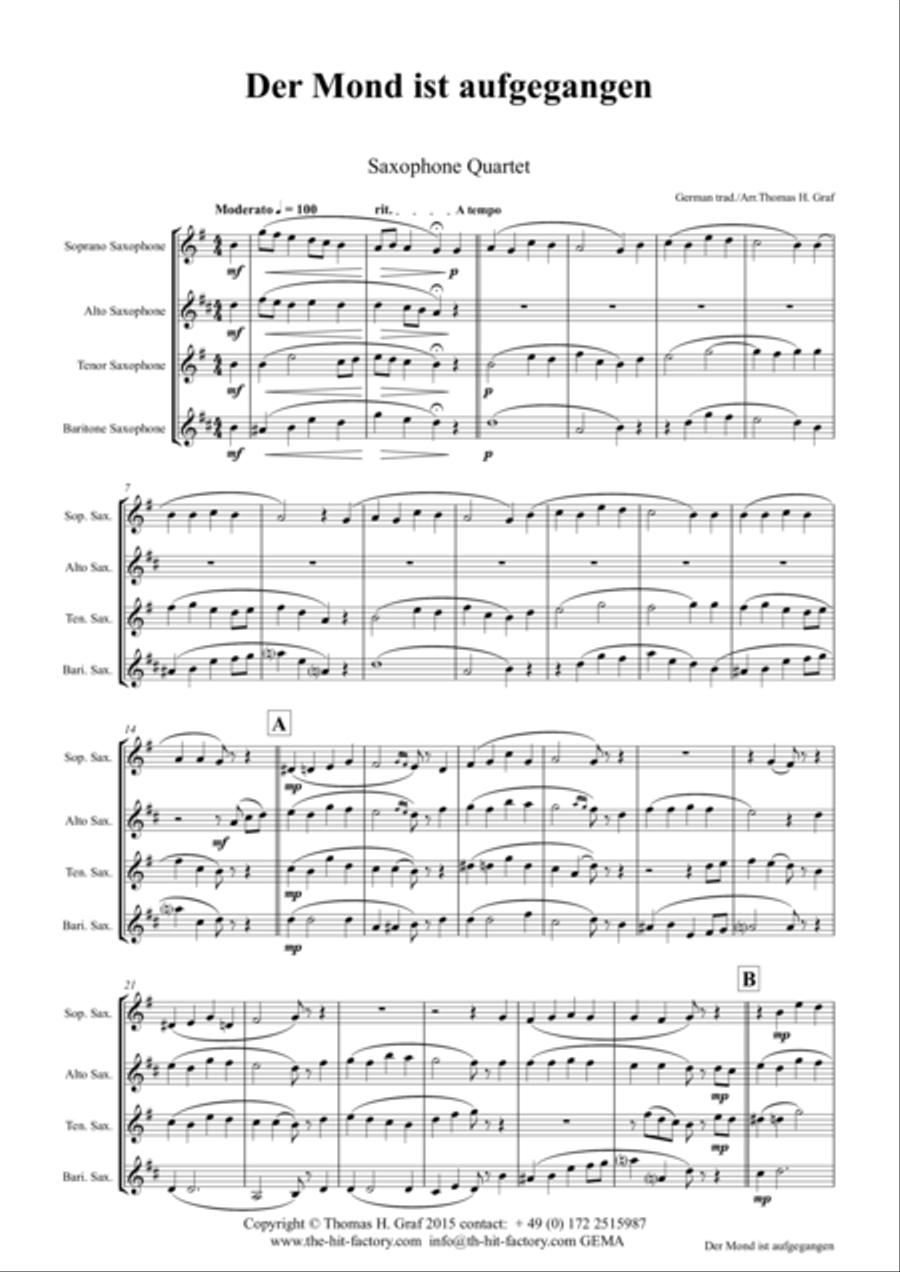 Der Mond ist aufgegangen - German Folk Song - Saxophone Quartet Saxophone Quartet scores gallery preview page 1