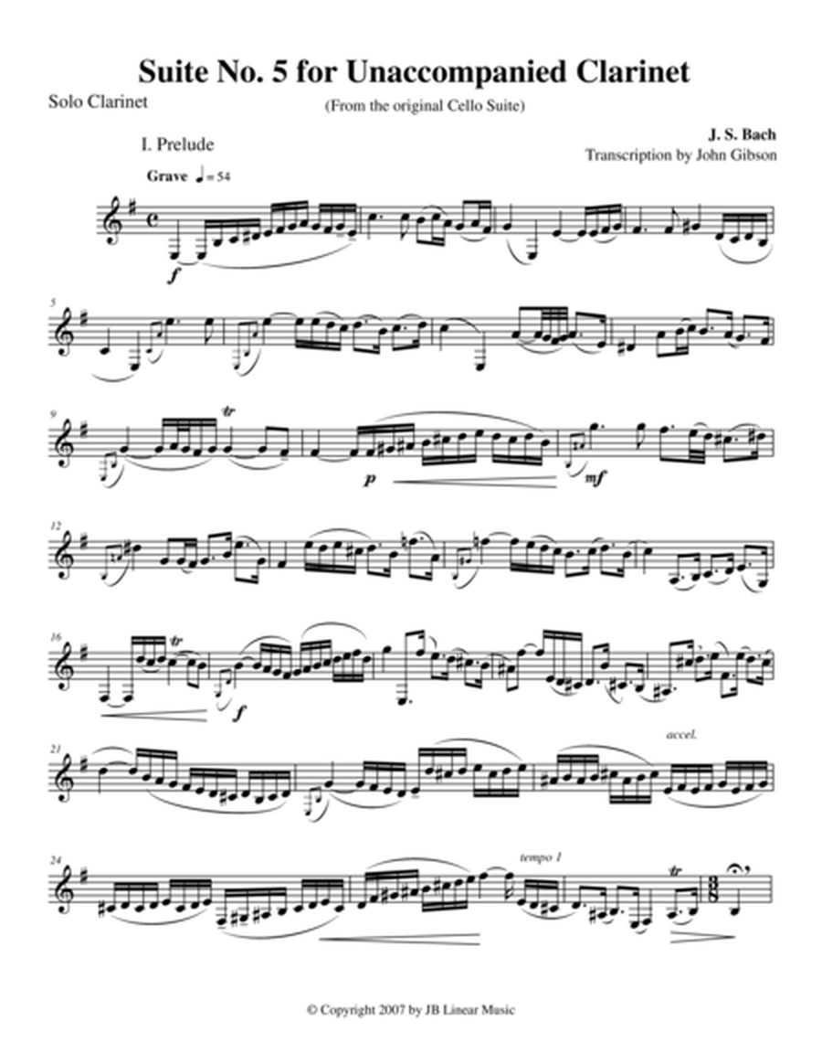 Bach Suite #5 set for Unaccompanied Clarinet image number null