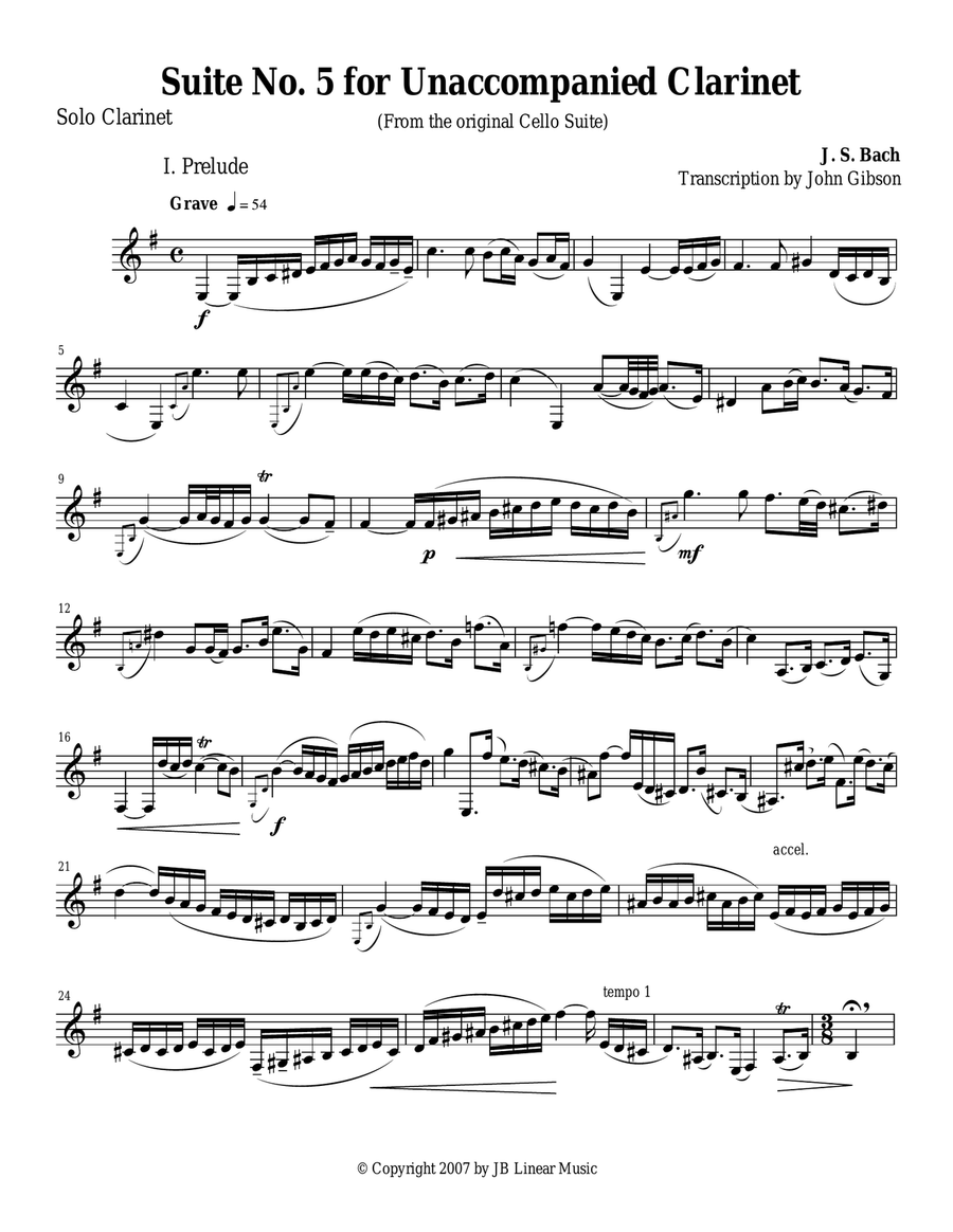 Bach Suite #5 set for Unaccompanied Clarinet Clarinet Solo scores gallery preview page 1