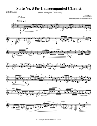 Bach Suite #5 set for Unaccompanied Clarinet