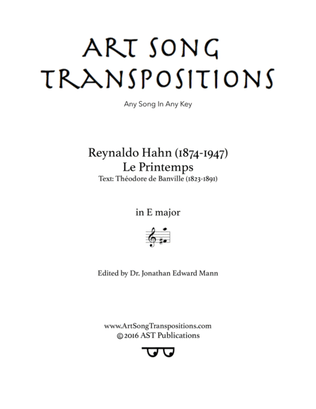Book cover for HAHN: Le printemps (transposed to E major)