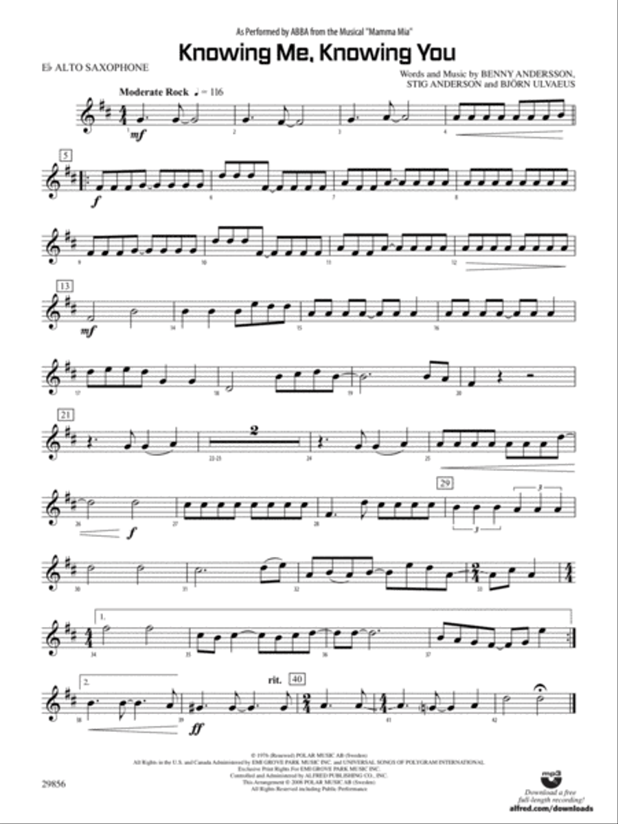 Knowing Me, Knowing You (As performed by ABBA from the musical Mamma Mia): E-flat Alto Saxophone Concert Band scores gallery preview page 1