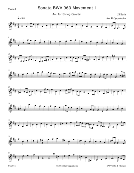 Bach: Sonata BWV 963 arr. for String Quartet; Movement 1 image number null