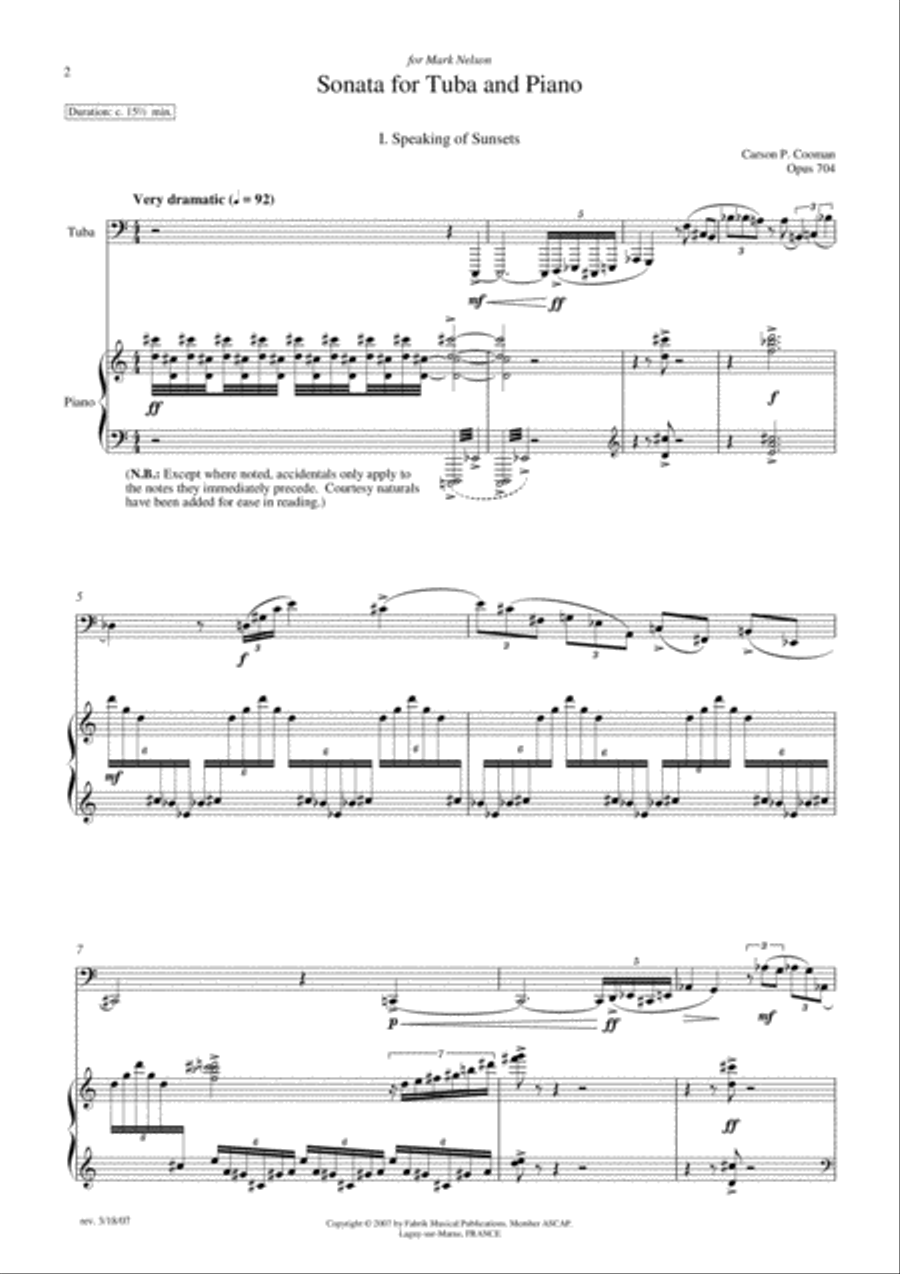 Carson Cooman: Sonata for Tuba and Piano (2007) Tuba scores gallery preview page 2