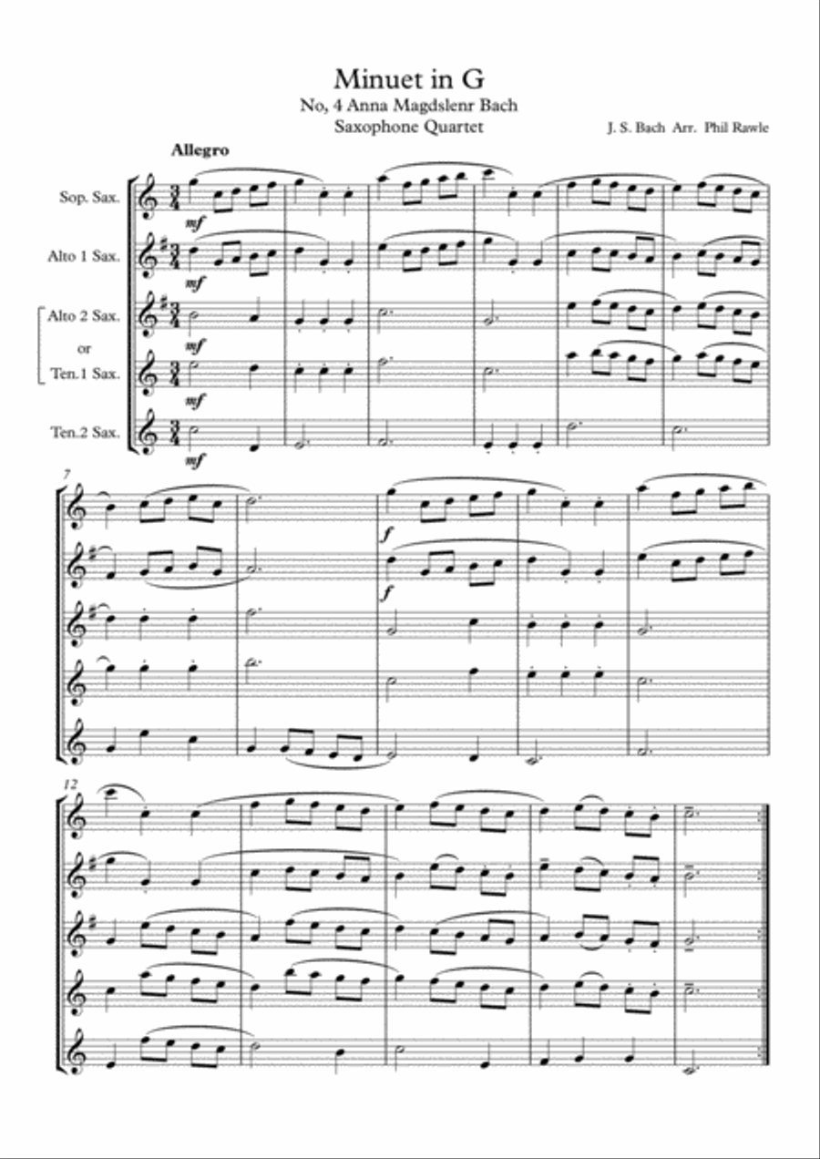 Minuet in G (No.4 Anna Magdelena Bach) - Bach Woodwind Quartet scores gallery preview page 1