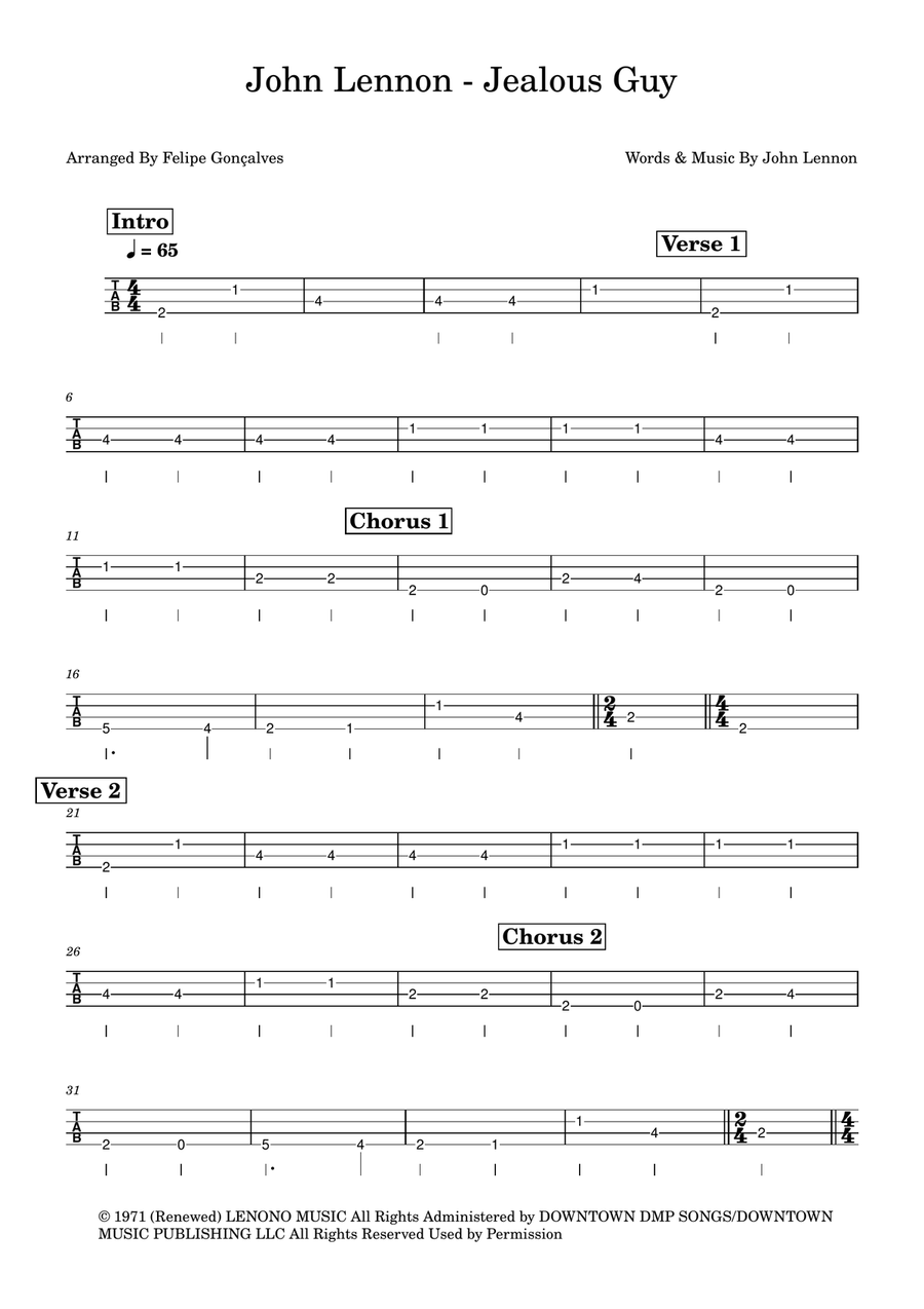 Jealous Guy Jealous Guy Bass Guitar Tablature scores gallery preview page 1