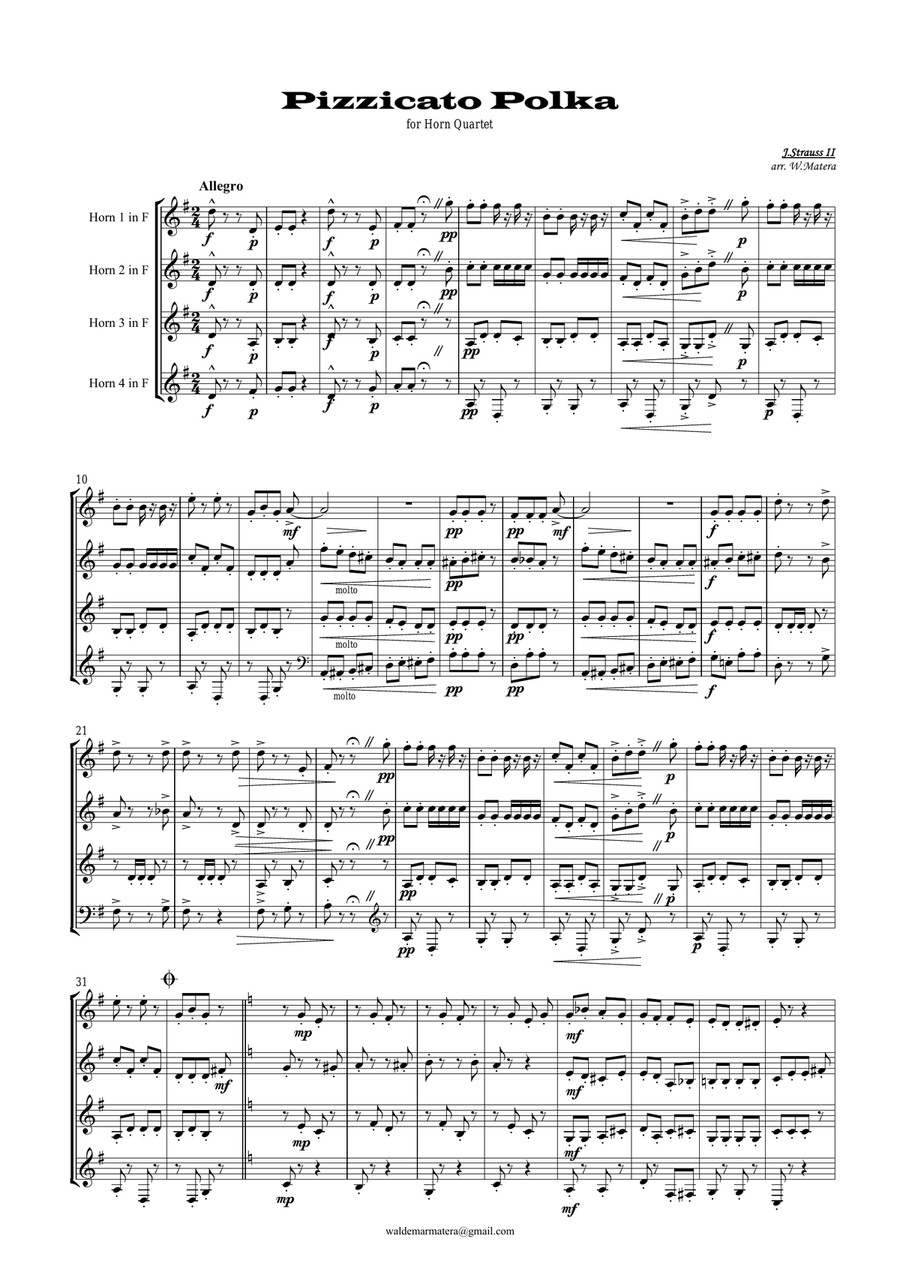 J. Strauss II - Pizzicato polka for Hron Quartet Brass Ensemble scores gallery preview page 1