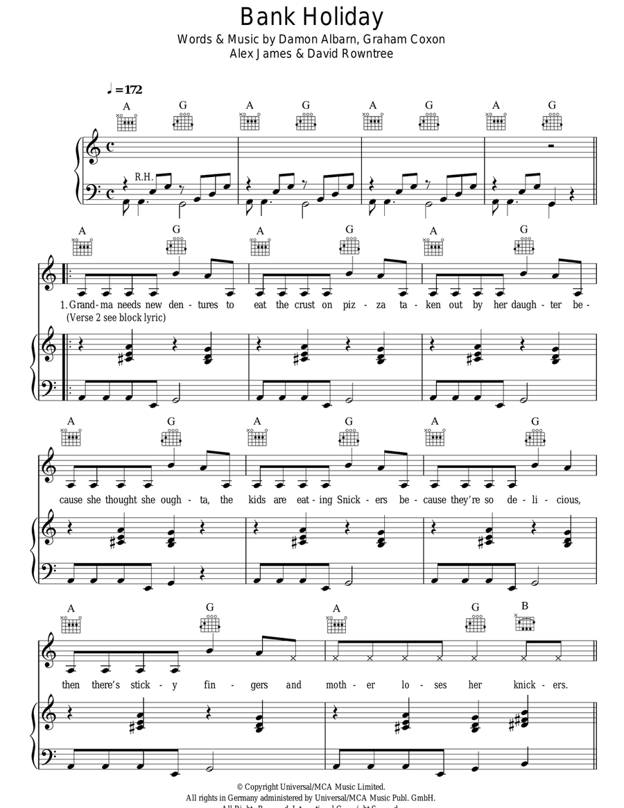 Bank Holiday Bank Holiday Piano, Vocal, Guitar scores gallery preview page 1