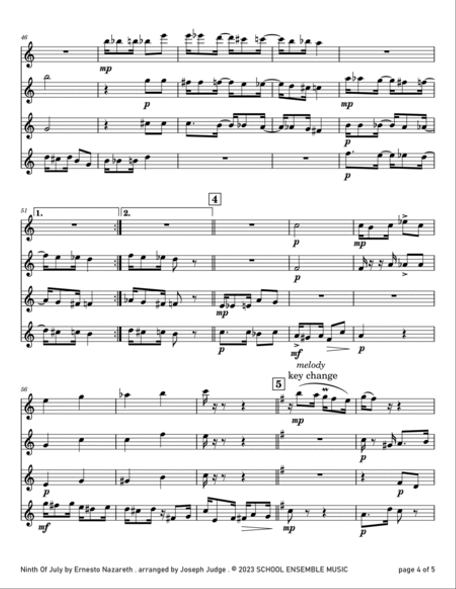 Ninth Of July by Ernesto Nazareth for Clarinet Quartet in Schools Clarinet Quartet scores gallery preview page 4