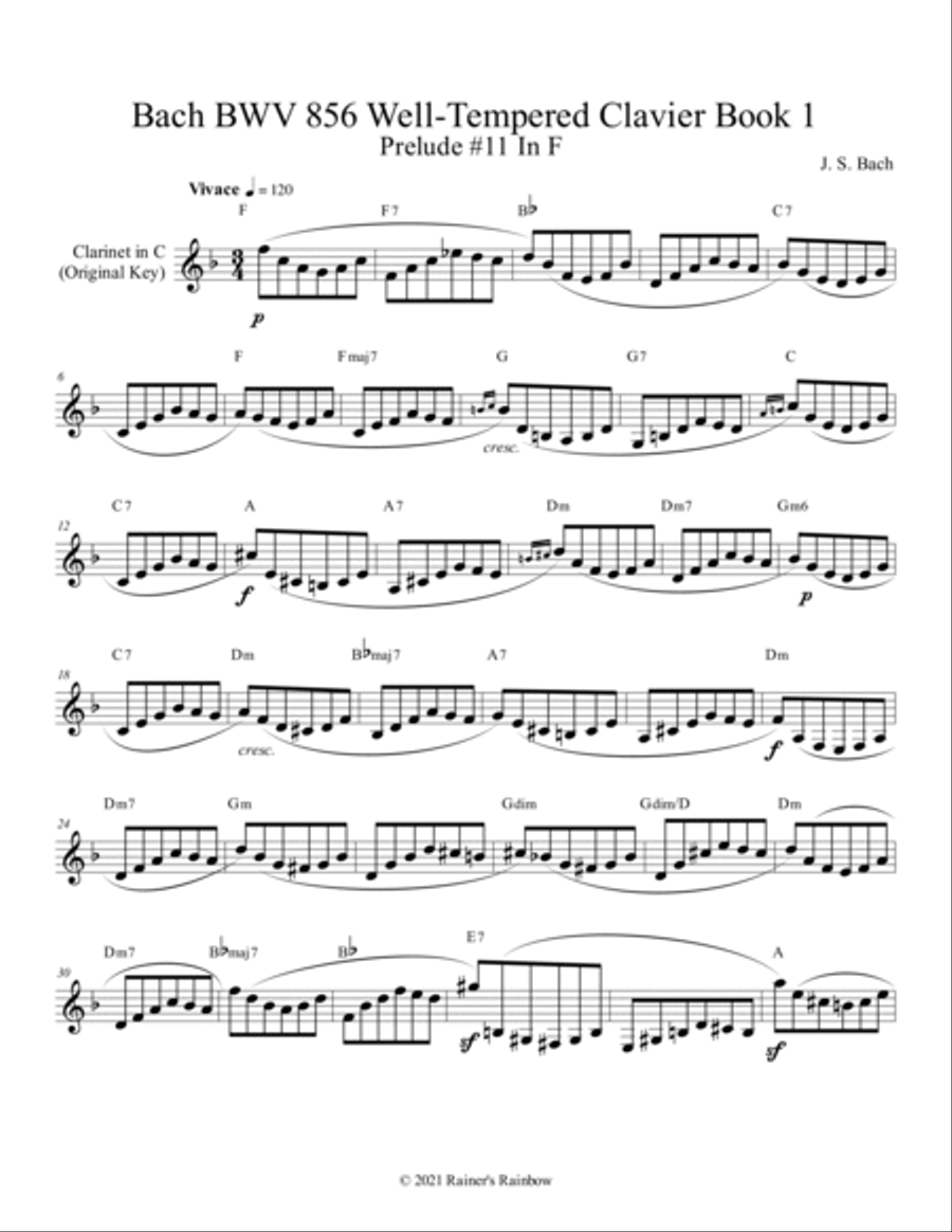 Bach BWV 856 Well-Tempered Clavier Book 1 Prelude 11 In F Clarinet Study A Clarinet scores gallery preview page 5