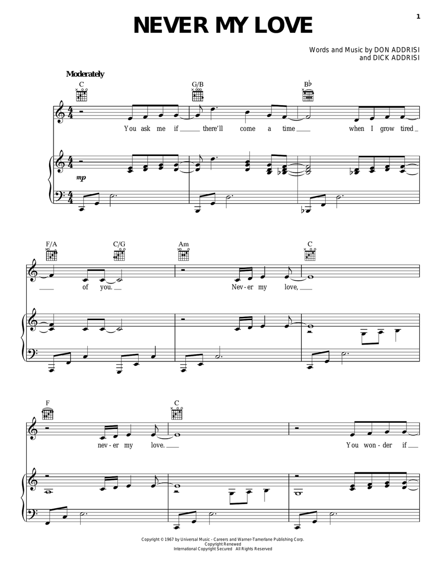 Never My Love Never My Love Piano, Vocal, Guitar scores gallery preview page 1