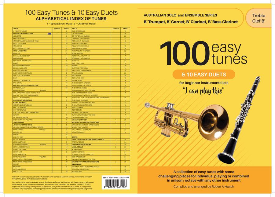 Best Sight Reading Book of 100 EASY TUNES and DUETS for BEGINNER TRUMPET, and CLARINET Treble Clef.