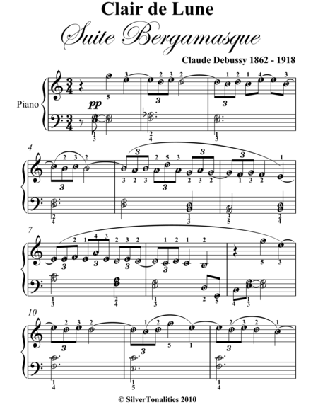 Clair de Lune Suite Bergamasque Easy Elementary Piano Sheet Music