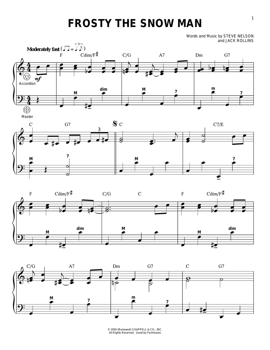 Frosty The Snow Man Frosty The Snow Man Accordion scores gallery preview page 1