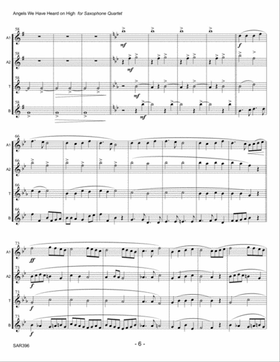ANGELS WE HAVE HEARD ON HIGH - SATB or AATB SAXOPHONE QUARTET (unaccompanied) Saxophone Quartet scores gallery preview page 6
