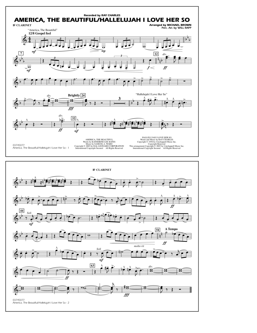 America, The Beautiful/Hallelujah I Love Her So (arr. Michael Brown) - Bb Clarinet Marching Band scores gallery preview page 1