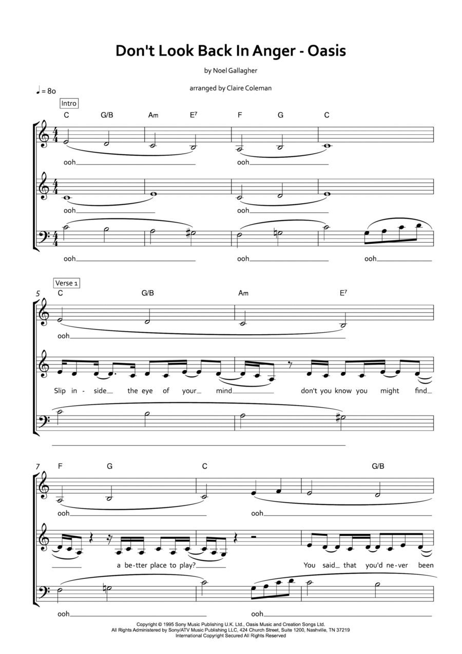 Don't Look Back In Anger 3-Part scores gallery preview page 1