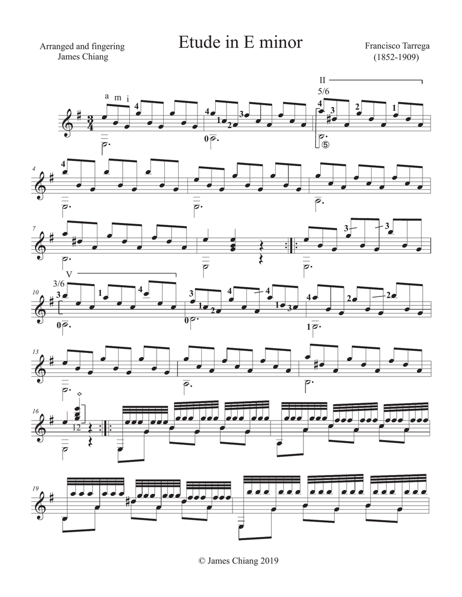 Tarrega - Etude in E minor and tremolo variation. Acoustic Guitar scores gallery preview page 1
