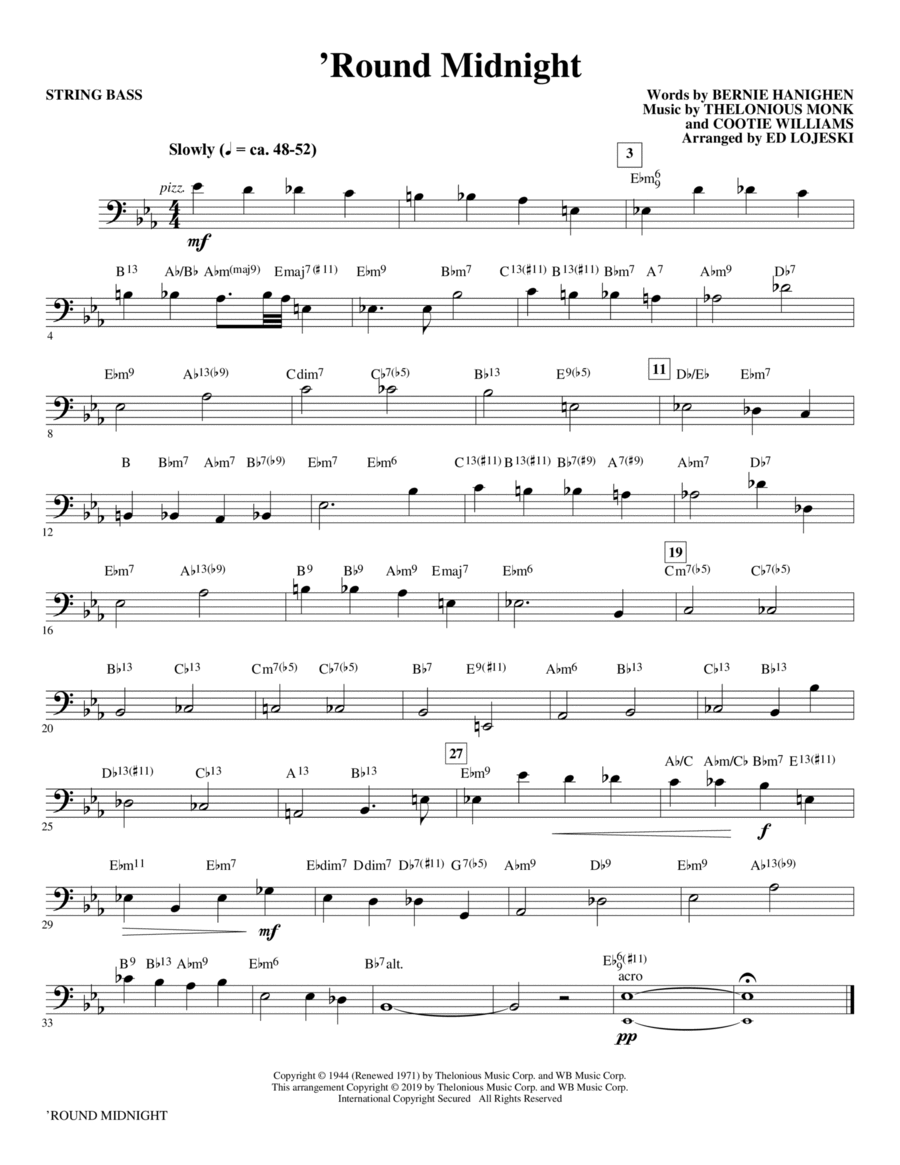 'Round Midnight (arr. Ed Lojeski) - Bass