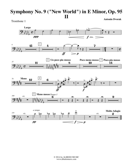 Dvorak Symphony No. 9, New World, Movement II - Trombone in Bass Clef 1 (Transposed Part), Op.95