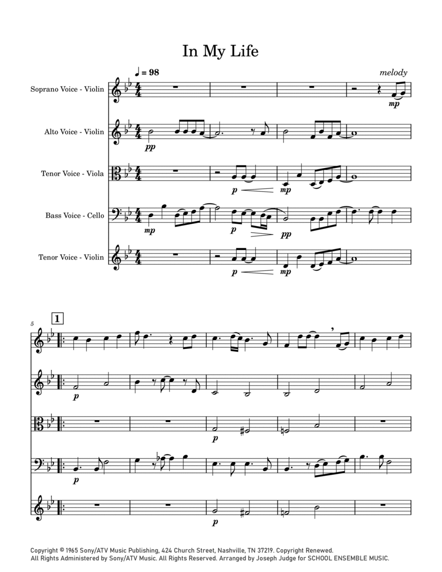 In My Life String Quartet scores gallery preview page 1