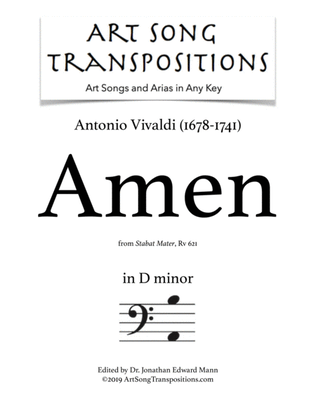 Book cover for VIVALDI: Amen, RV 621 (transposed to D minor, bass clef)