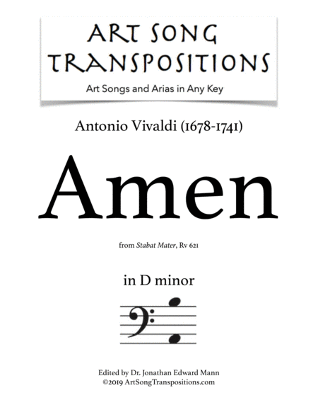 VIVALDI: Amen, RV 621 (transposed to D minor, bass clef)