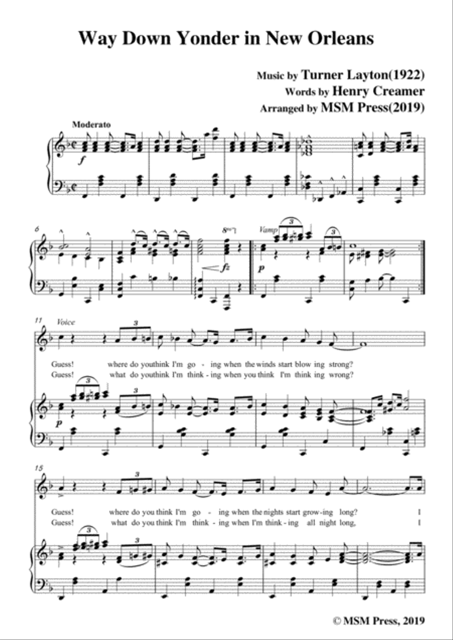 Turner Layton-Way Down Yonder in New Orleans,in F Major,for Voice&Pno