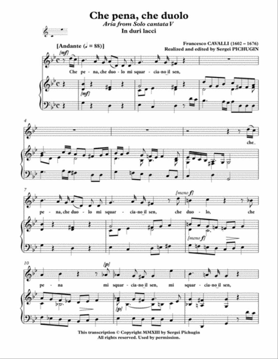 CAVALLI Francesco: Che pena, che duolo, aria from the cantata, arranged for Voice and Piano (G minor Voice Solo scores gallery preview page 3