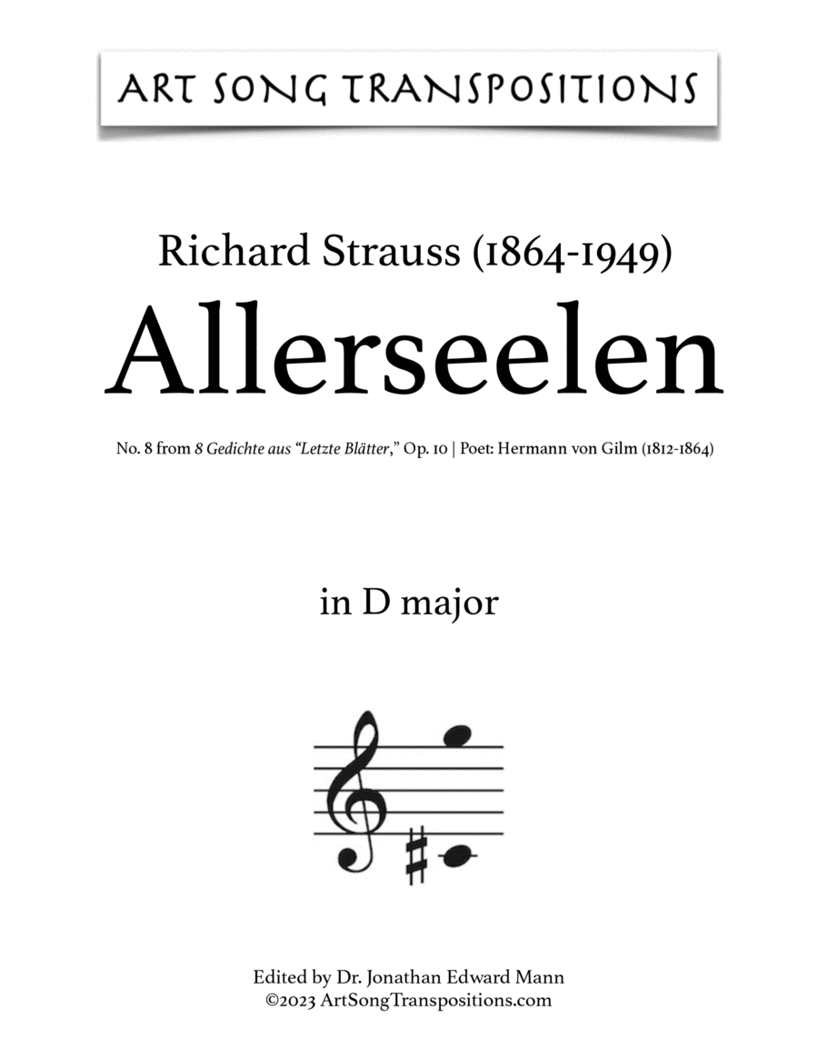 STRAUSS: Allerseelen, Op. 10 no. 8 (transposed to D major) Voice scores gallery preview page 1