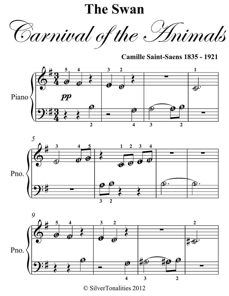 The Swan Carnival of the Animals Beginner Piano Sheet Music Easy Piano scores gallery preview page 2