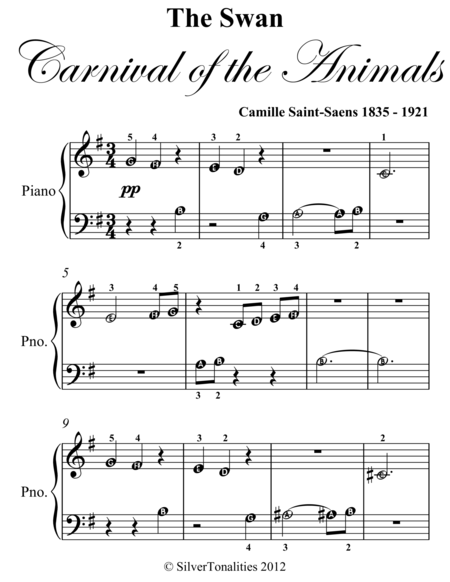 The Swan Carnival of the Animals Beginner Piano Sheet Music