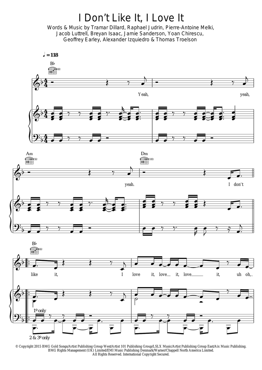 I Don't Like It, I Love It Piano, Vocal, Guitar scores gallery preview page 1